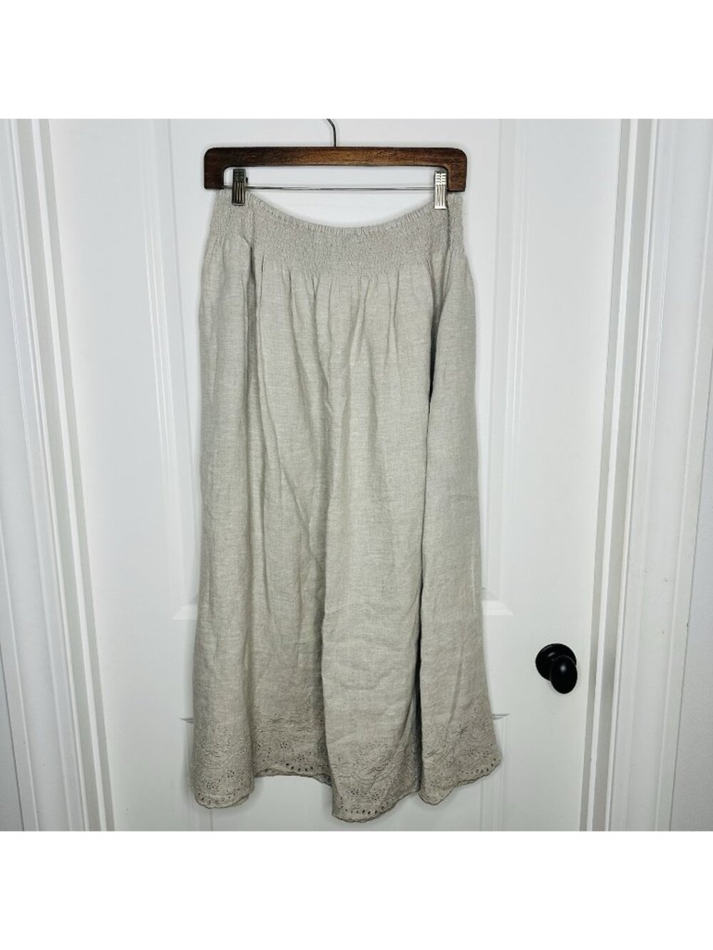 CHICO'S Linen Maxi Skirt Sz 0.5 (6) Pull On Embroidered Coastal Boho Lagenlook